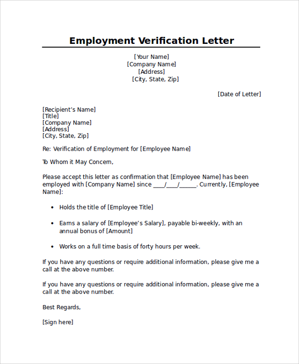 Free 7 Employment Verification Letter Templates In Pdf Ms Word 2331