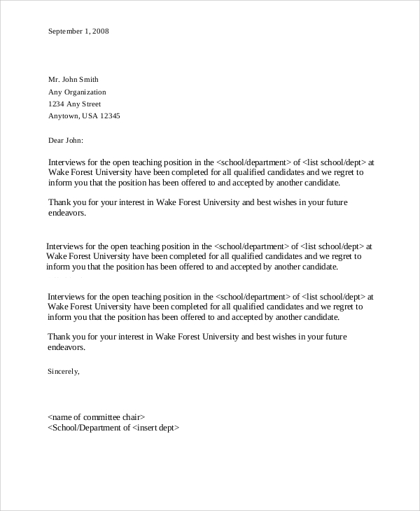 Sample Rejection Letter After Interview Collection Letter Template