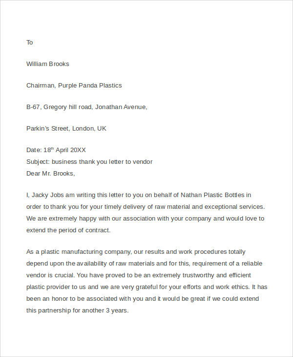 business thank you letter to vendor