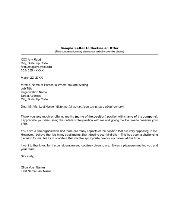 decline offer letter email sample