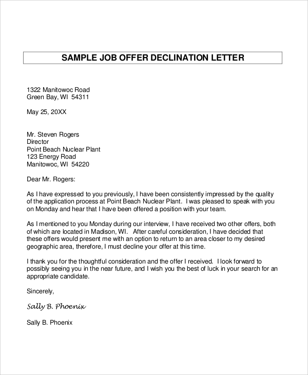 Sample Job Offer Declination Letter 