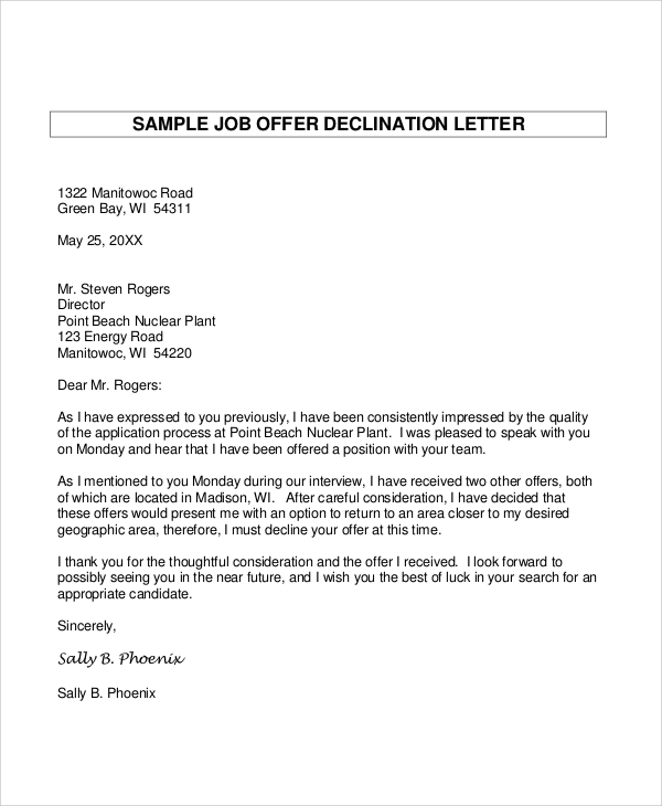 19 Job Offer Decline Letter