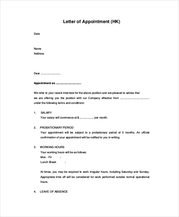 sample appointment letter