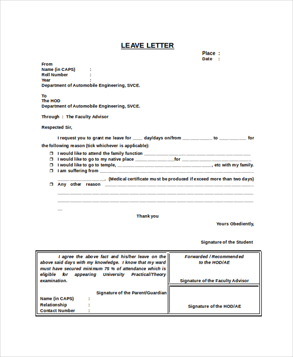 sample leave letter