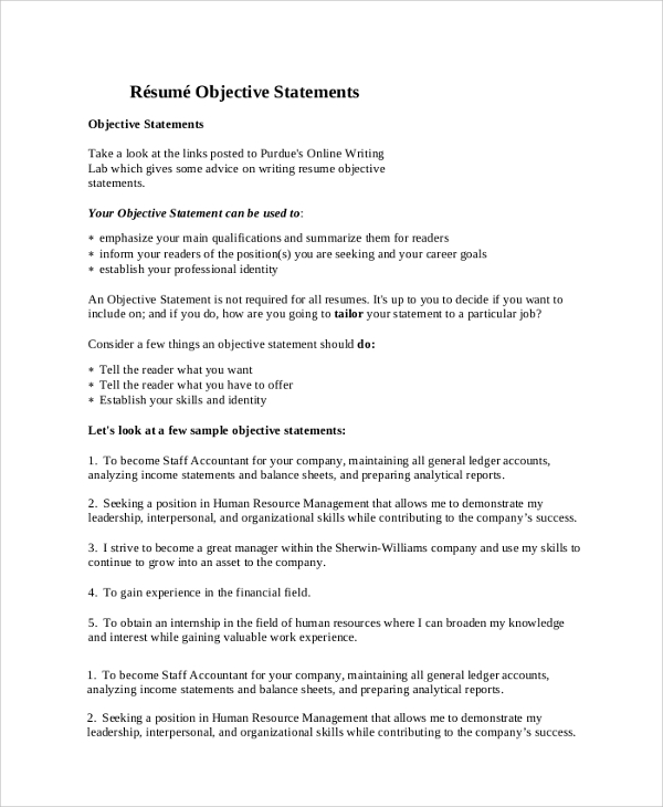 8+ Sample Resume Objective Statements | Sample Templates