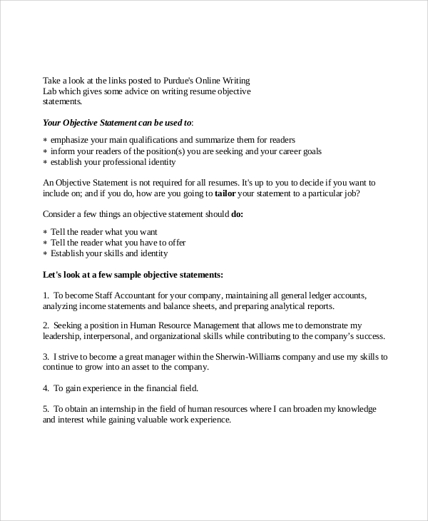 general resume objective statements