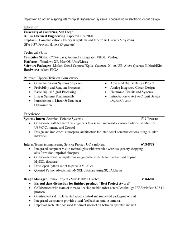 internship resume objective examples