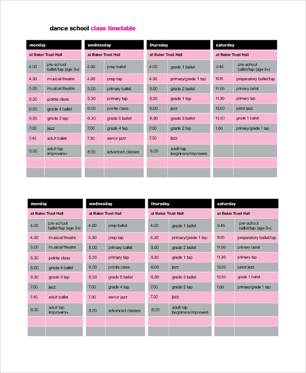 dance school class timetable 