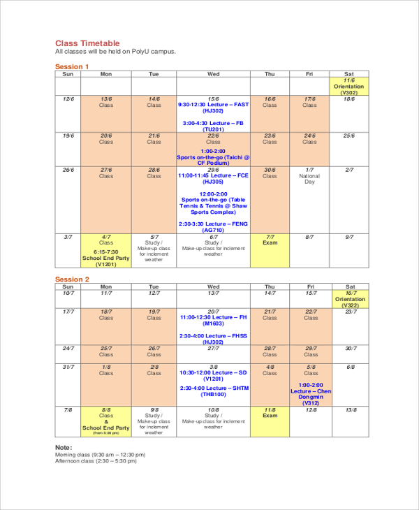 summer class timetable