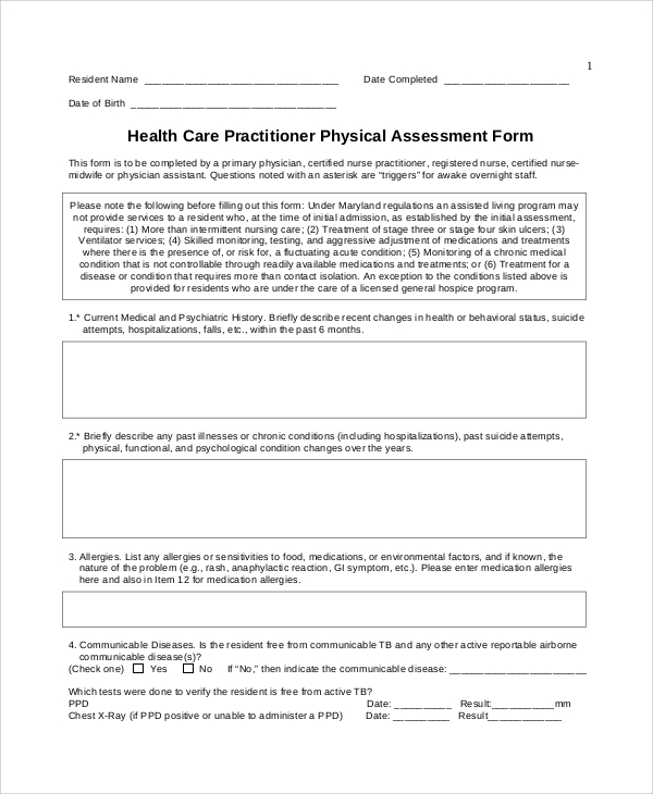 health care practitioner physical assessment form 