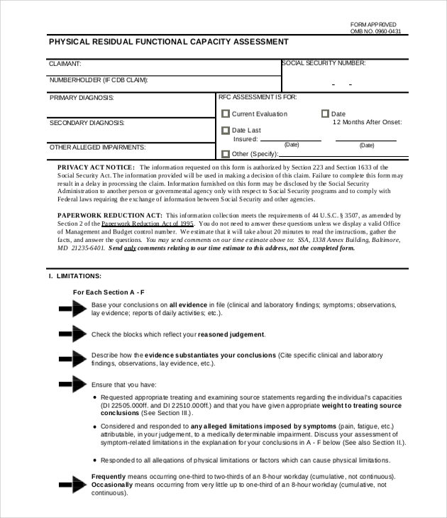 physical residual functional assessment form