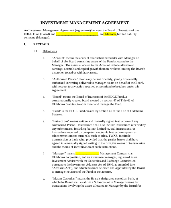 printable investment management agreement 
