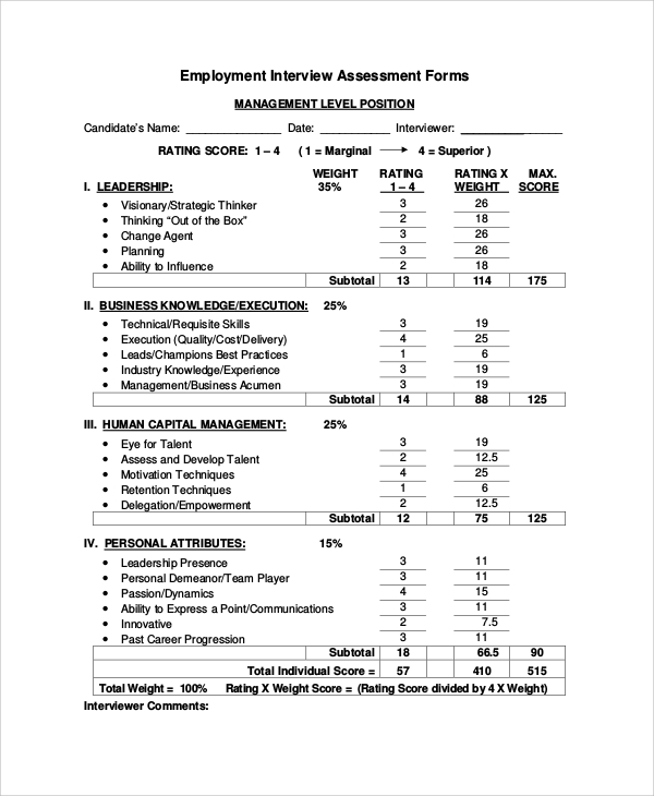 employment interview assessment form