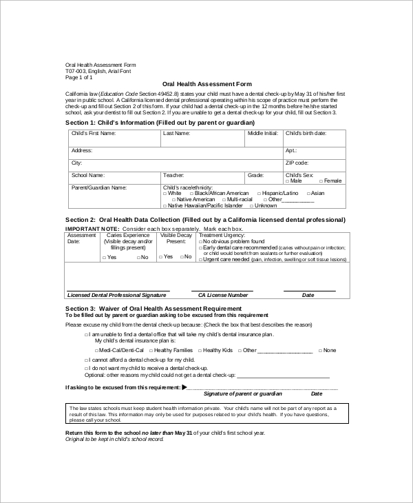 nursing oral assessment form