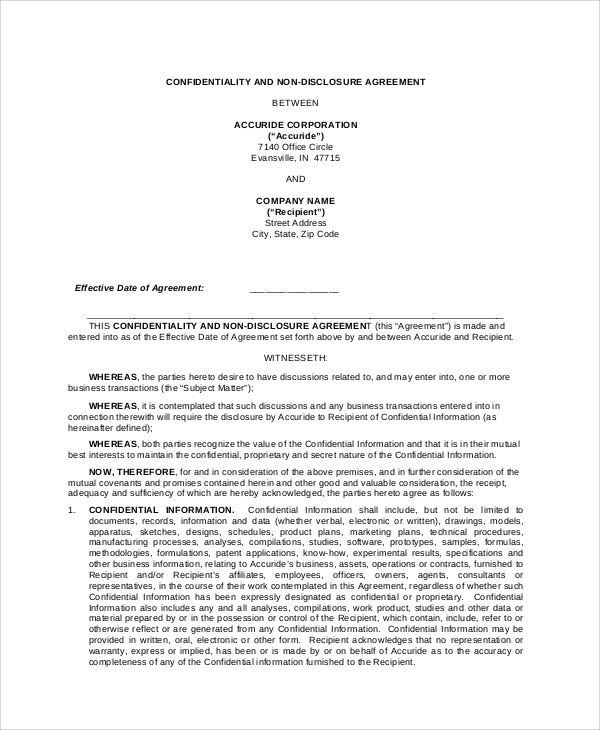 confidentiality non disclosure agreement form
