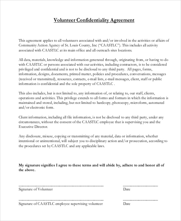volunteer confidentiality agreement form