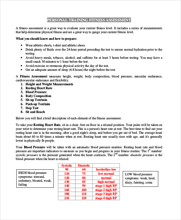 personal training assessment form