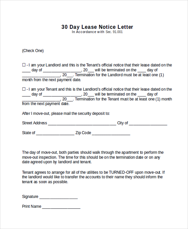 Free 11 Sample 30 Day Notice Letter Templates In Pdf Ms Word Pages 0534