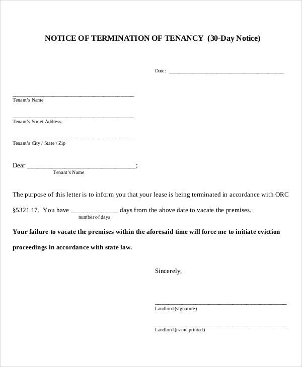 30 dy notice letter of termination of tenancy