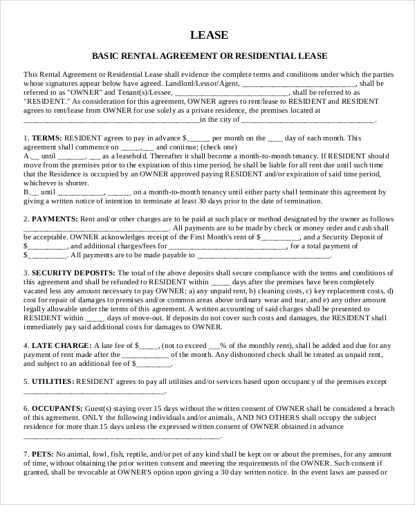 sample basic rental agreement contract