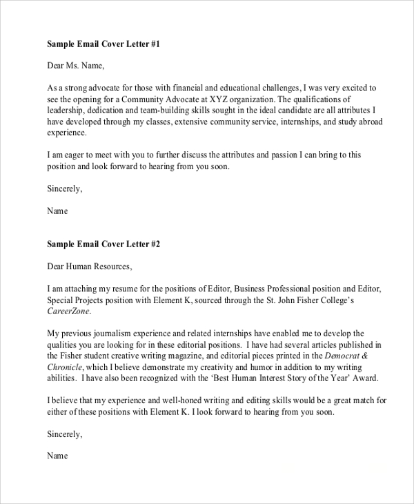 cover letter for resume in email