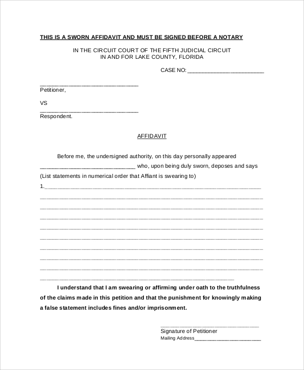 blank sworn affidavit form