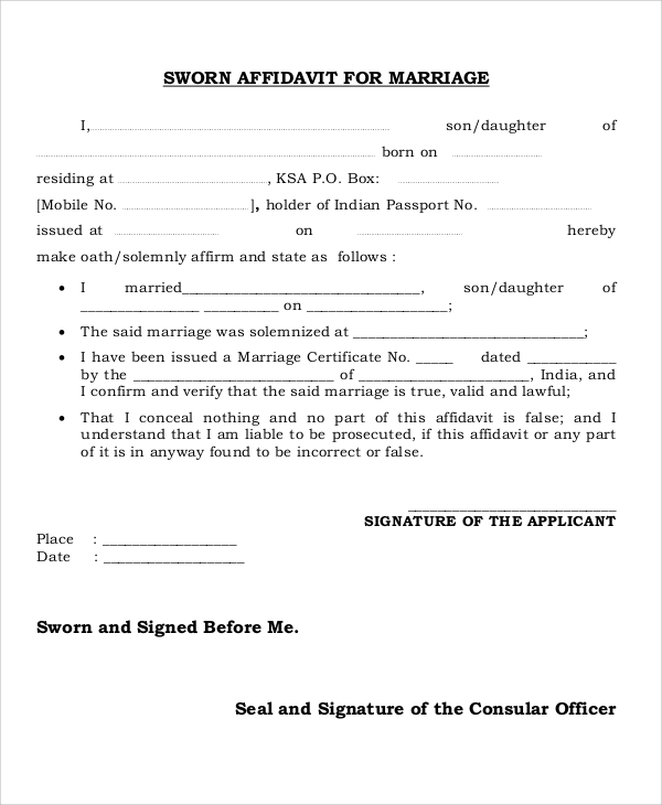 sworn affidavit form for marriage