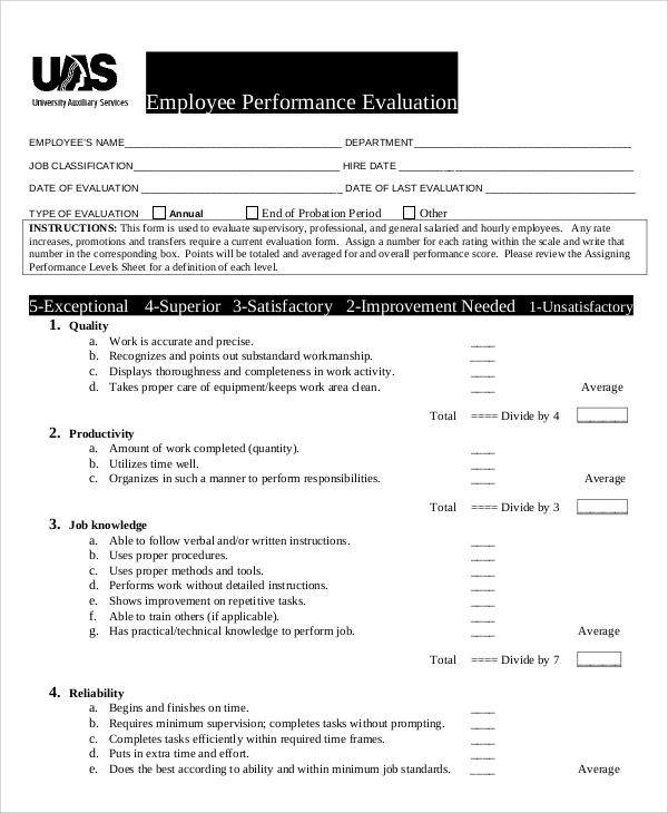 employee performance evaluation sample 