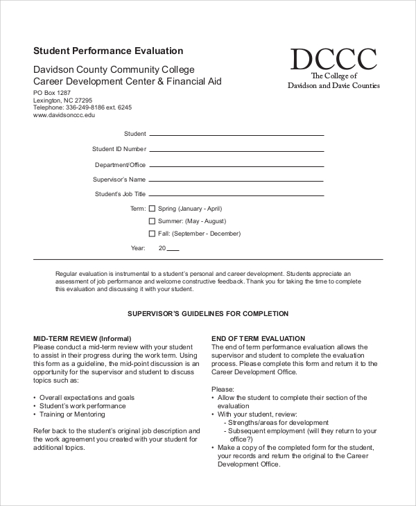 student performance evaluation sample