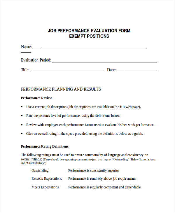 job performance evaluation form 