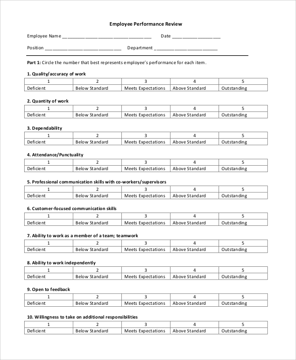 FREE 7 Sample Employee Performance Review Templates In MS Word PDF