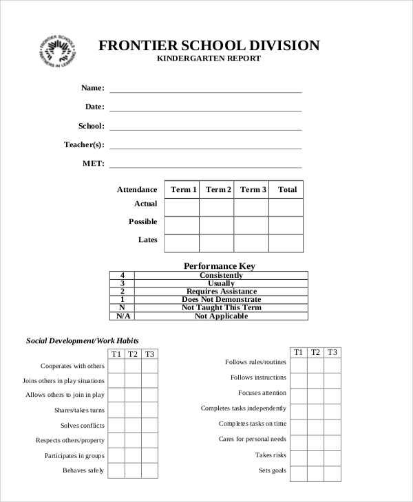 Kindergarten Report Card Template