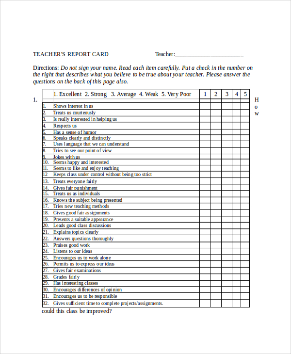 teachers report card 