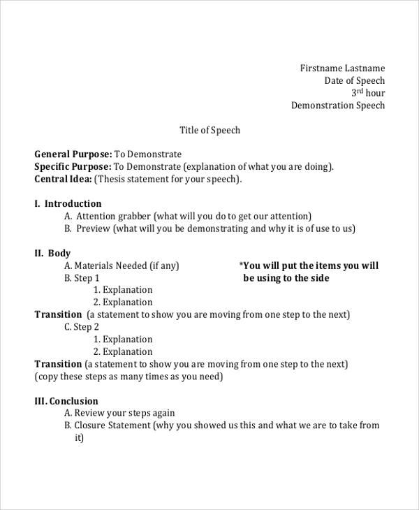 demonstration speech outline example