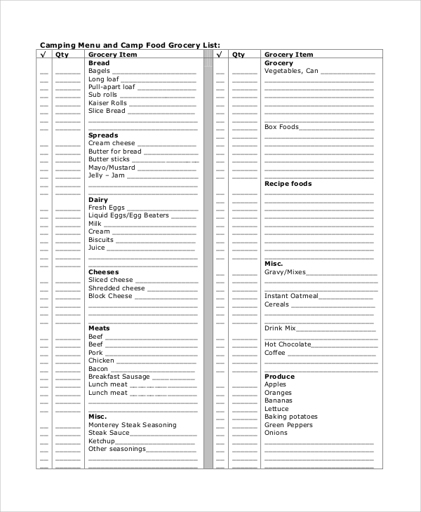 camp food grocery list