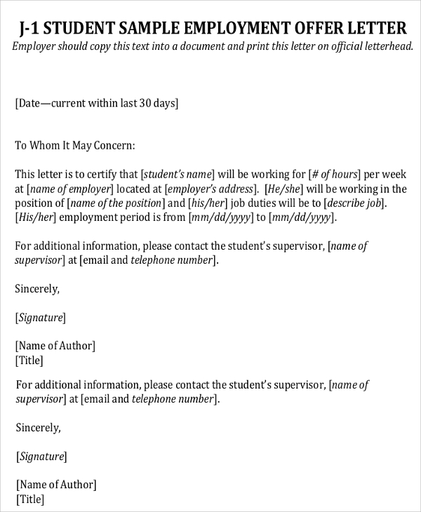student employment offer letter