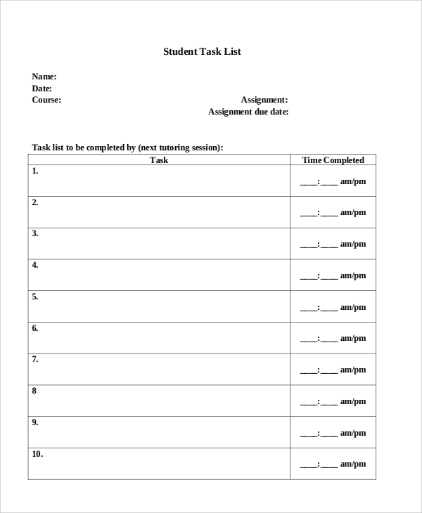 student task list 