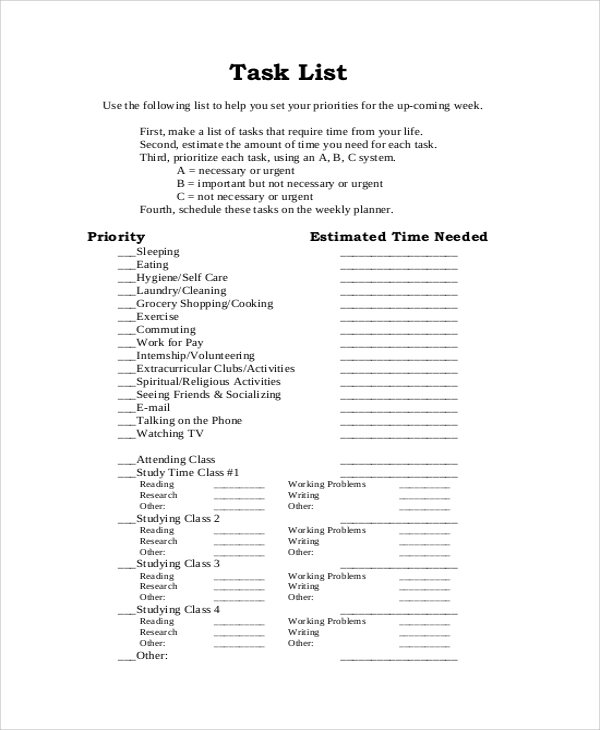 sample task list 