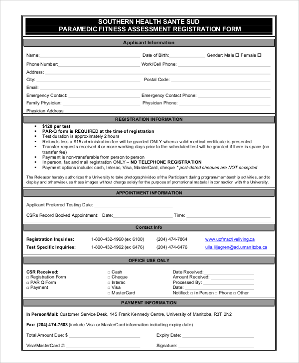 fitness assessment registration form