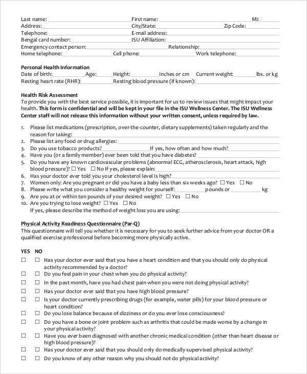 Sample Fitness Assessment Form 7 Documents In PDF