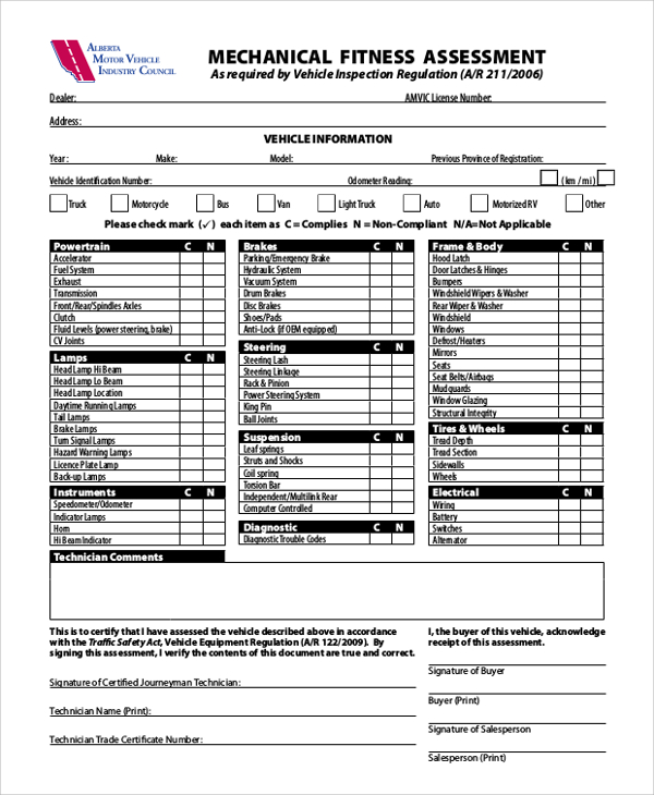 mechanical fitness assessment form