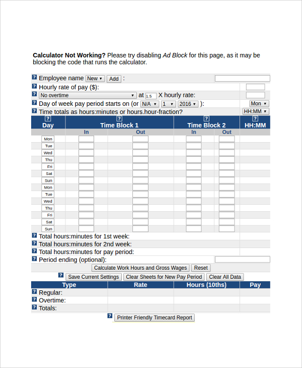 FREE 20  Sample Time Card Calculator Templates in PDF Excel