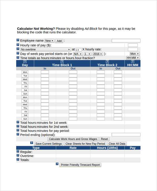 bi weekly time card calculator