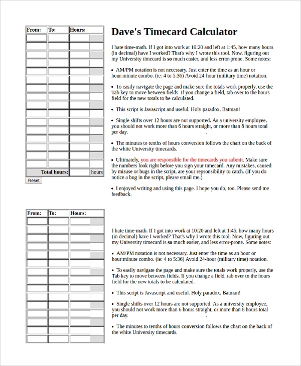 Free 20 Sample Time Card Calculator Templates In Pdf Excel