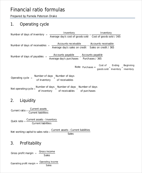 financial ratio formula analysis