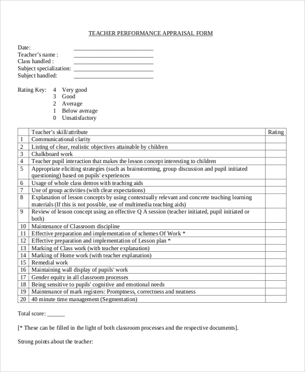 teacher performance appraisal form