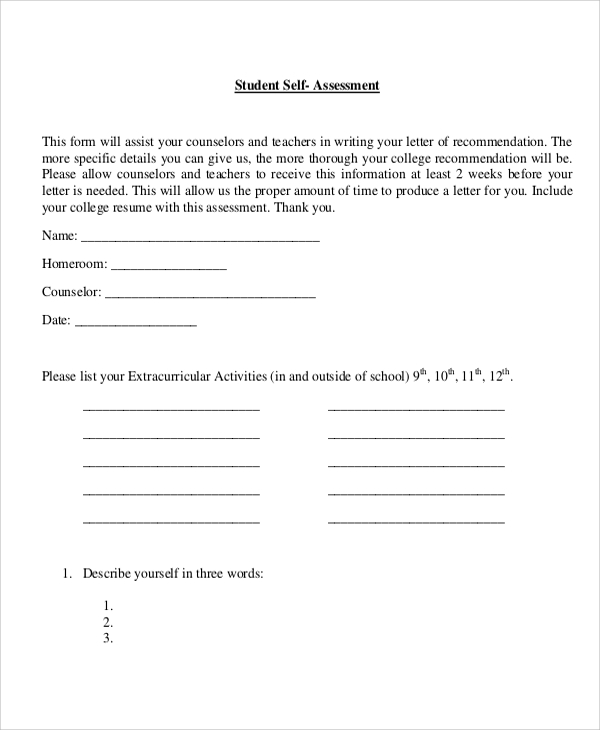 sample student self assessment form