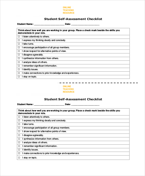 student self assessment checklist