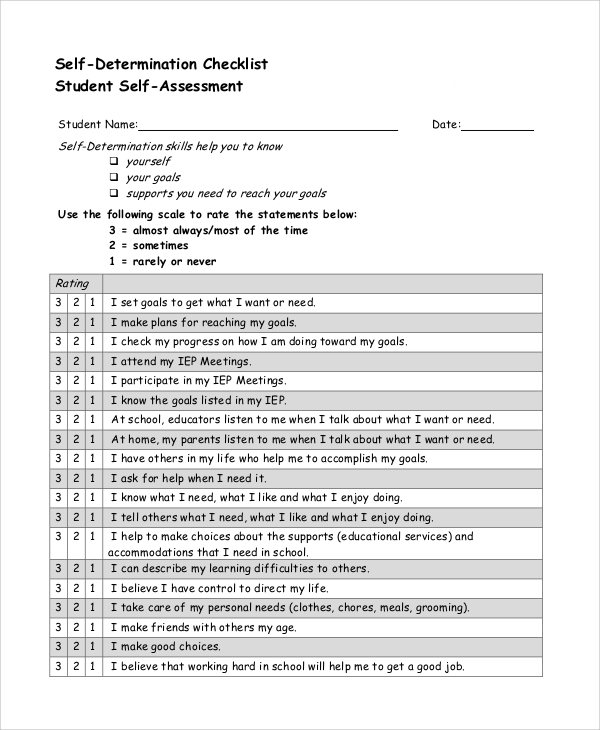 Student Self Assessment Checklist