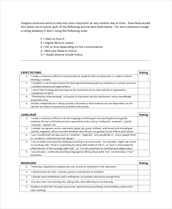 classroom self assessment form